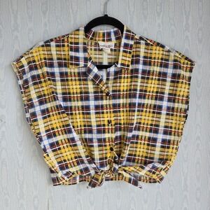 Vtg 90s Womens L‎ Plaid Tie Front Shirt Cap Sleeve Button Down Boxy Retro Yellow